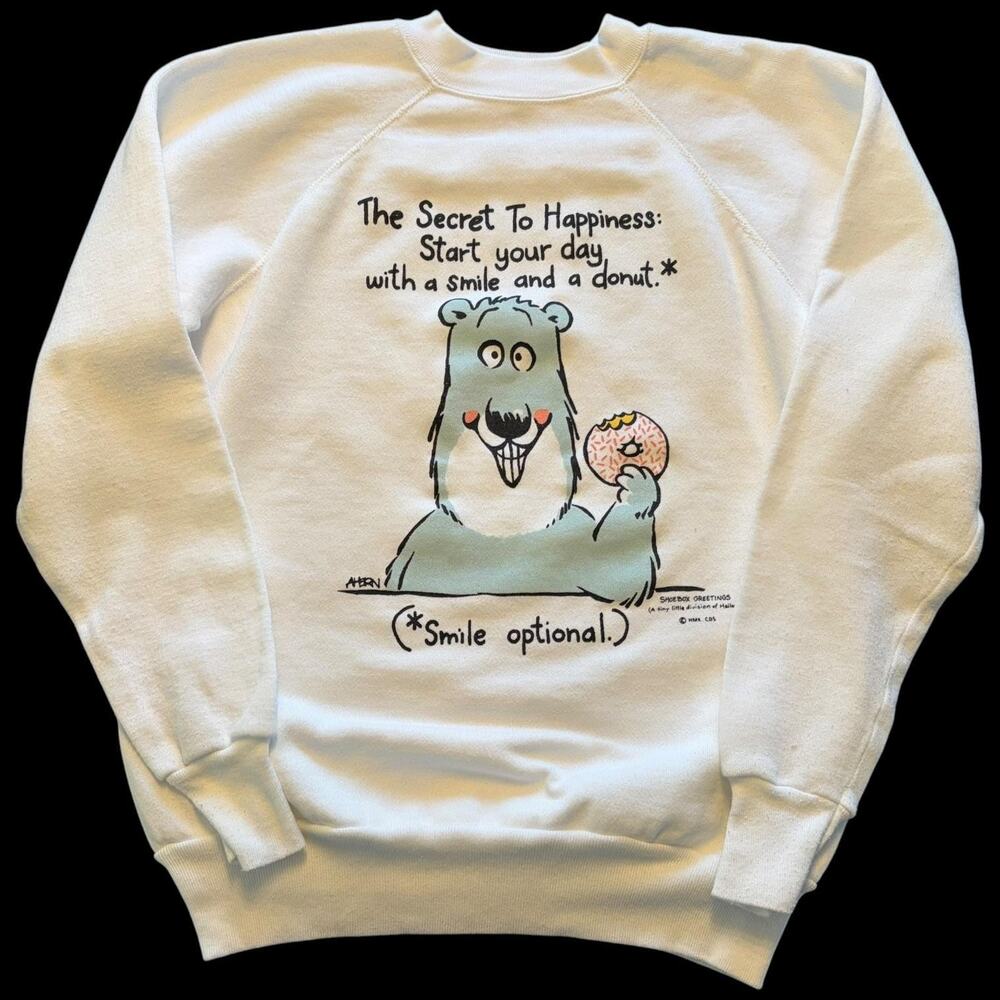 Vintage Shoebox Greetings Sweatshirt Mens Large White Donut Bear Smile USA 90s